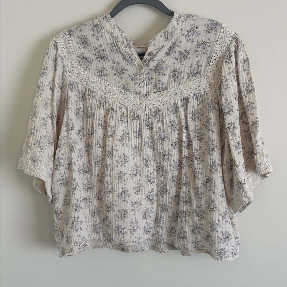 Karlie Cream Peasant Blouse with Blue Floral Print and Lace Yoke